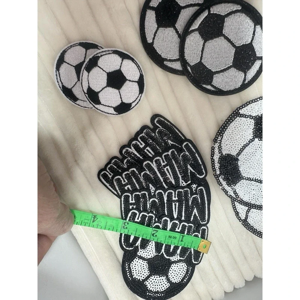 Qty 12 Soccer Ball & Soccer Mama Sew-On Sparkling Black Sequins Decal /Patch NEW